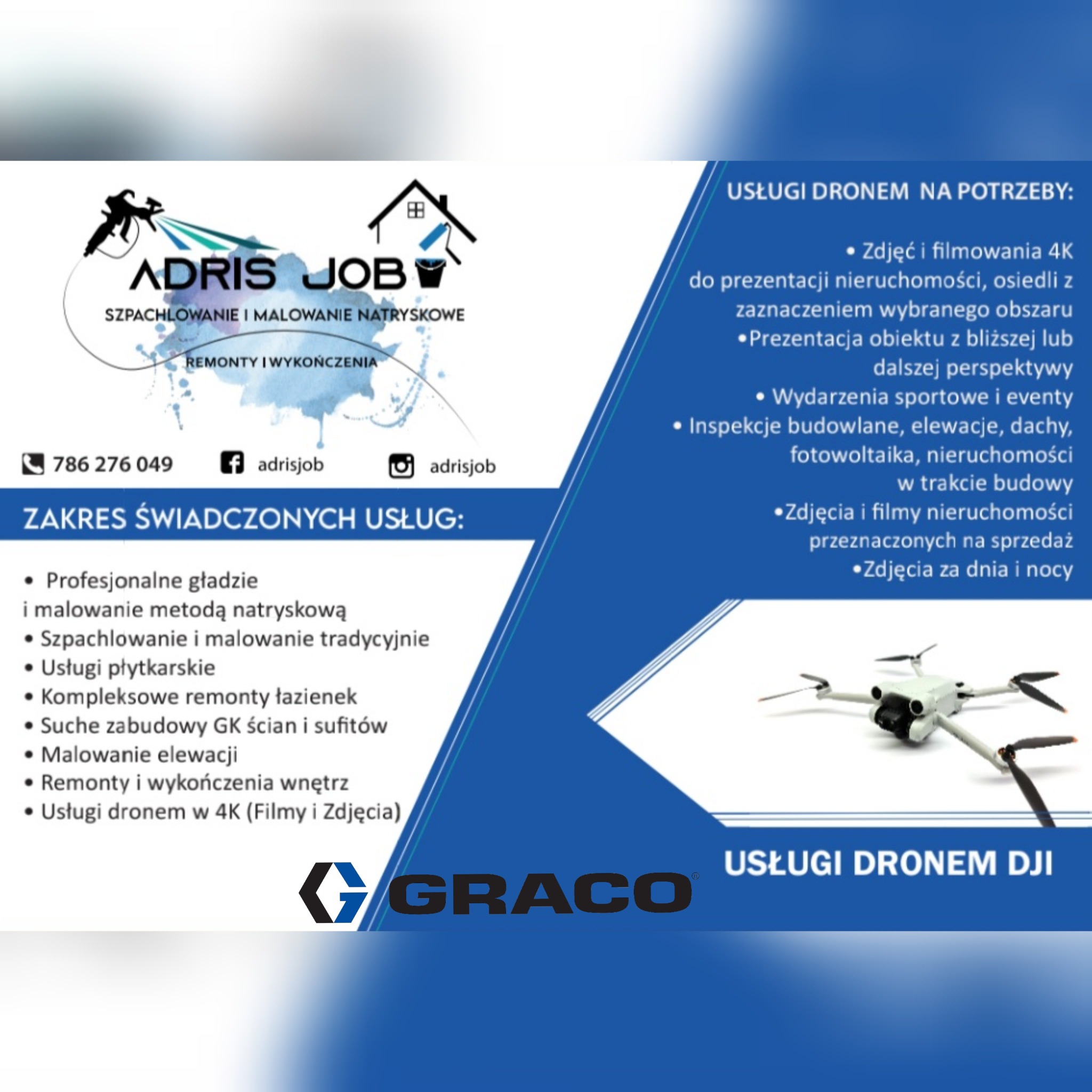 Ulotka reklamowa firmy Adris Job oferującej szpachlowanie, malowanie natryskowe, remonty, usługi glazurnicze, remonty łazienek, zabudowy GK, malowanie elewacji oraz usługi dronem w 4K z logo firmy...