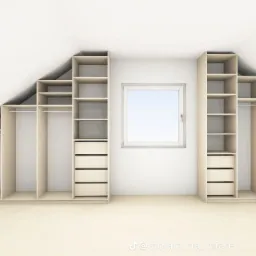 Wizualizacja szafy wnękowej na poddaszu, z półkami i drążkami, jasne drewno, okno w tle.