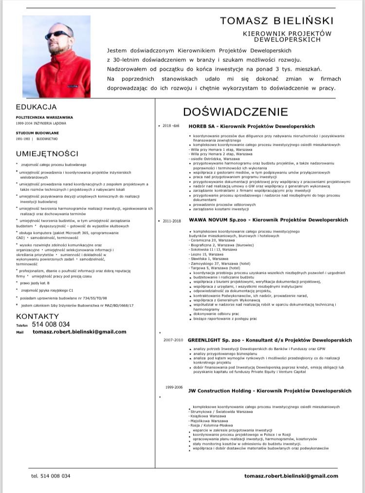 Curriculum vitae kierownika projektów deweloperskich z doświadczeniem, ze zdjęciem portretowym.