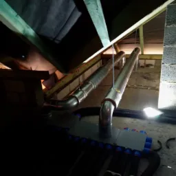 Rozdzielacz ogrzewania podłogowego z podłączonymi rurami w surowym stanie, widoczne elementy konstrukcji dachu i ściany z bloczk&oacute;w betonowych, słabe oświetlenie.