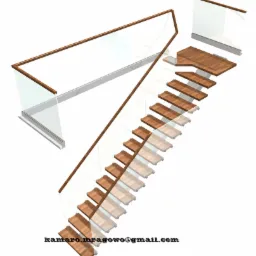 Wizualizacja schodów z drewnianymi stopniami i szklaną balustradą, widok z góry, perspektywa ukośna.