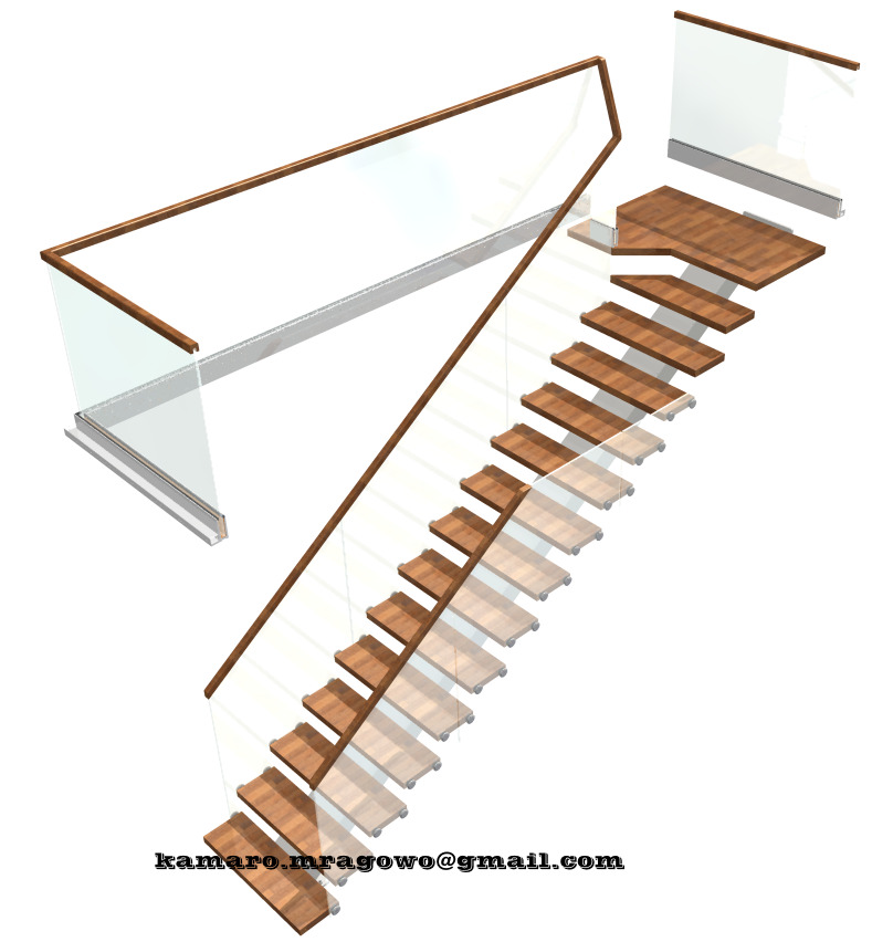 Wizualizacja schodów z drewnianymi stopniami i szklaną balustradą, widok z góry, perspektywa ukośna.