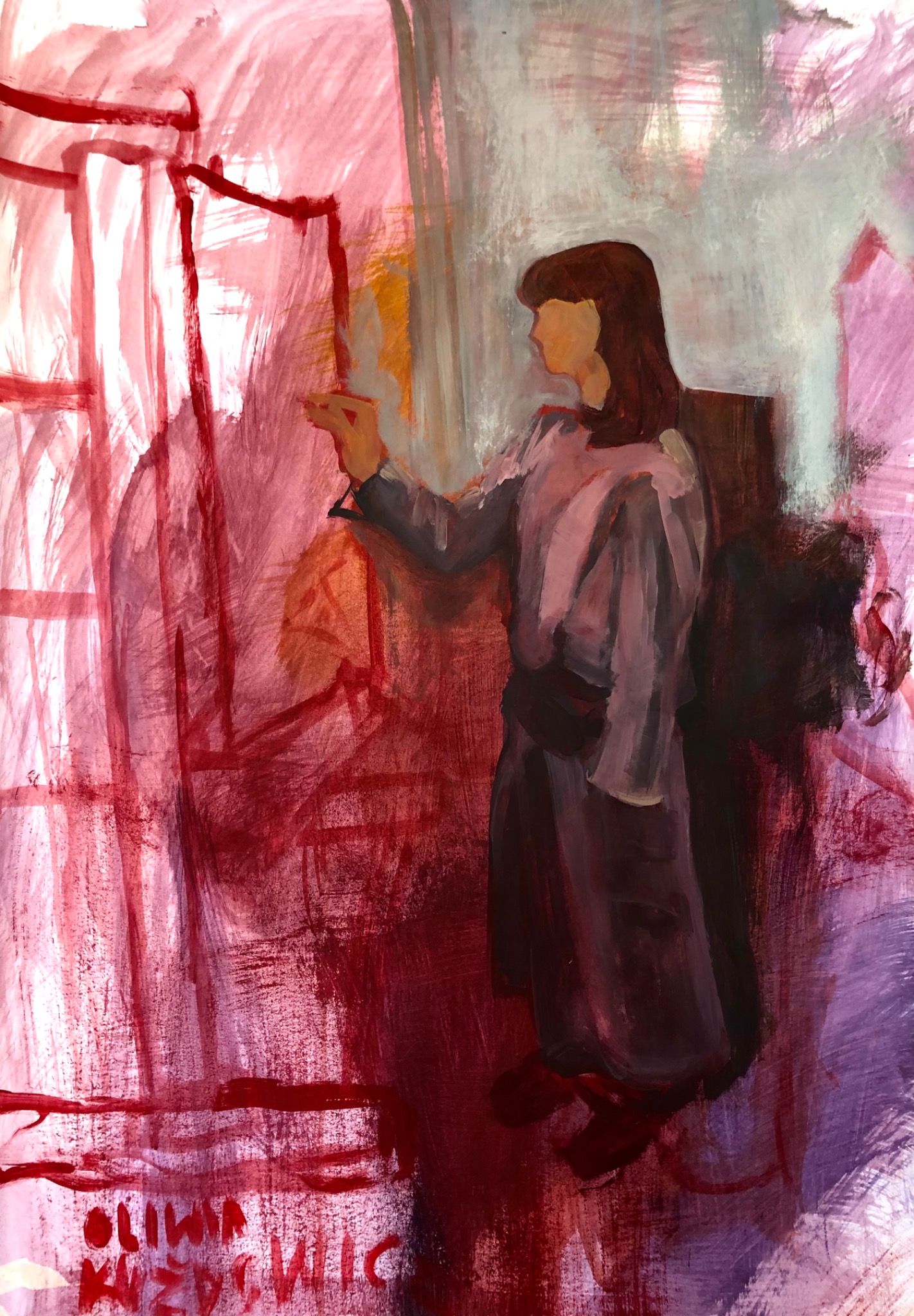 Impasto obraz przedstawiający kobietę w szarej sukni malującą czerwoną farbą na płótnie, widoczne pociągnięcia pędzla i sygnatura artysty w lewym dolnym rogu.