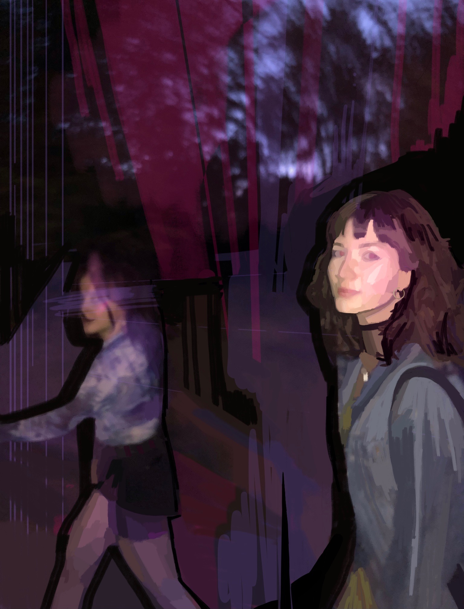 Cyfrowa ilustracja w stylu malarstwa artystycznego przedstawiająca dwie kobiety w Świdnicy, z abstrakcyjnym tłem w odcieniach fioletu i czerni, przypominającym miejski krajobraz nocą.