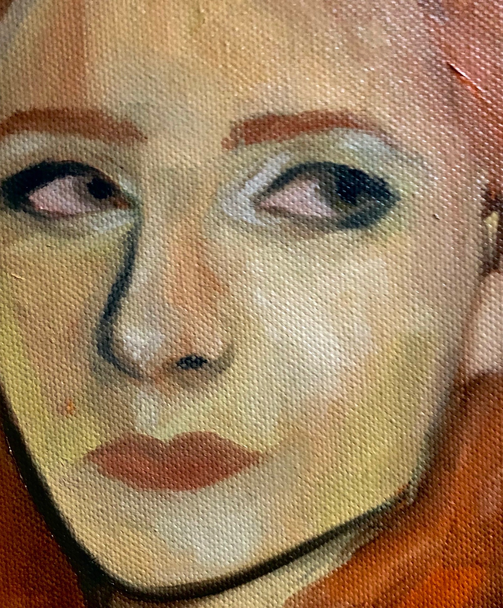 Fragment portretu kobiety z rudymi włosami, namalowanego farbami olejnymi na płótnie o wyraźnej fakturze, z bliska widoczne oczy, nos i usta.