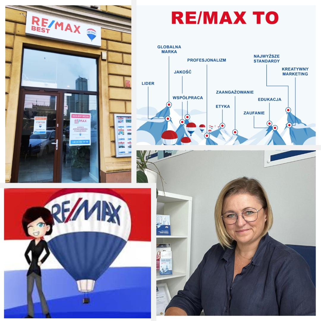 Kompozycja zdjęć: fasada biura RE/MAX Best w Żyrardowie, schemat wartości firmy, grafika z balonem RE/MAX i portret kobiety w biurze.