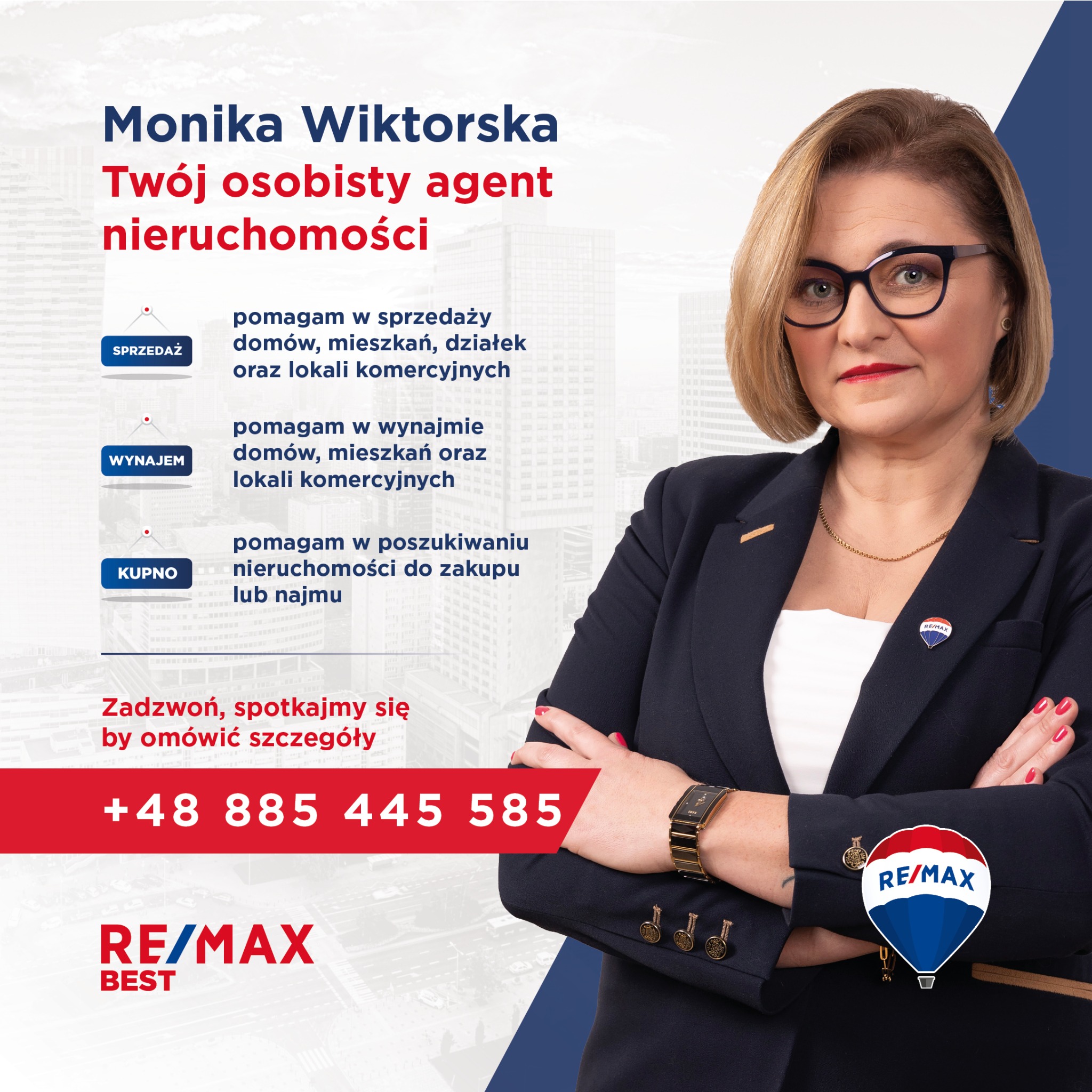Profesjonalny portret agentki nieruchomości, Monika Wiktorska, z uśmiechem, w eleganckim stroju, logo firmy RE/MAX, kontakt telefoniczny, usługi sprzedaży, wynajmu i kupna.