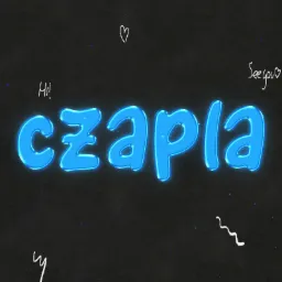 Napis 'czapla' wykonany w stylu neonowym, jasnoniebieski, umieszczony na ciemnym, ziarnistym tle z drobnymi, odręcznymi rysunkami, w tym serce i powitania.