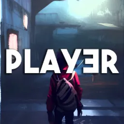Stylizowana grafika przedstawiająca postać z plecakiem w mrocznym otoczeniu miejskim, z napisem 'PLAYER' na pierwszym planie.