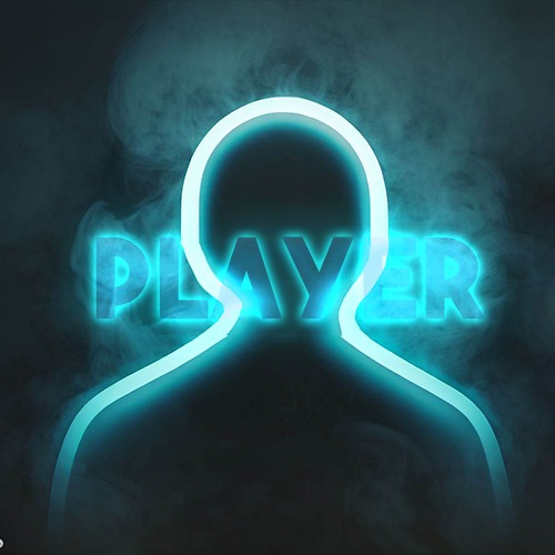 Neonowy kontur postaci z napisem 'PLAYER' wewnątrz, otoczony dymem na ciemnym tle.