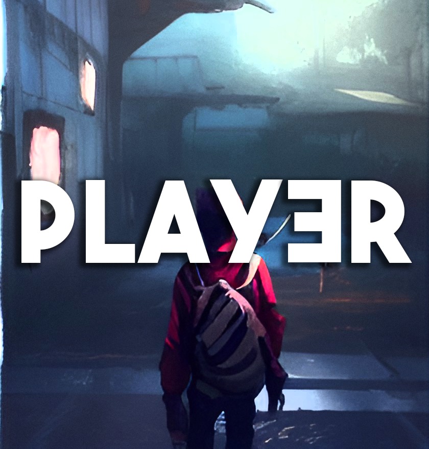 Stylizowana grafika przedstawiająca postać z plecakiem w mrocznym otoczeniu miejskim, z napisem 'PLAYER' na pierwszym planie.