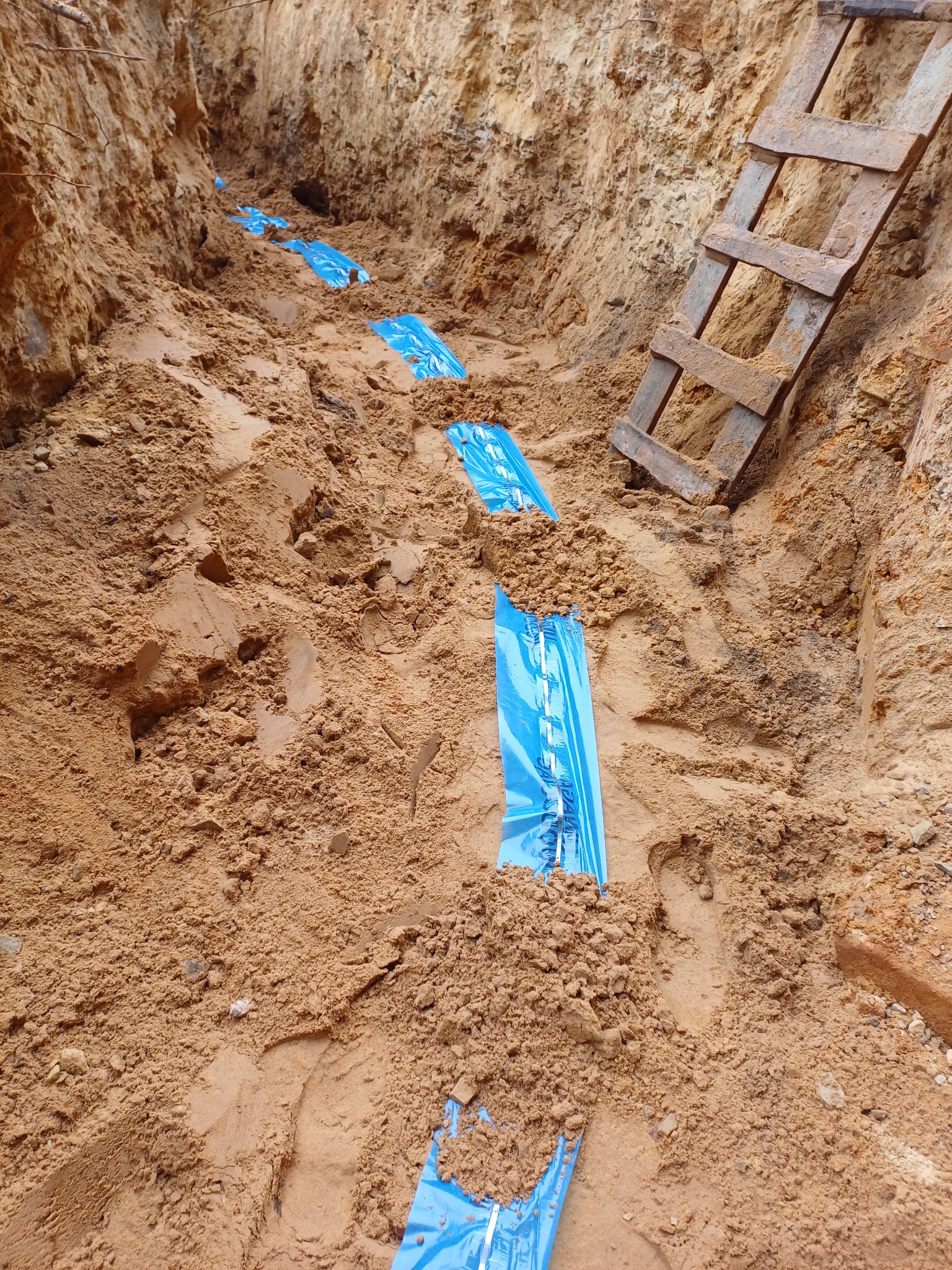 Wykop w ziemi z widocznymi niebieskimi osłonami rur i drewnianą drabiną opartą o ścianę wykopu.