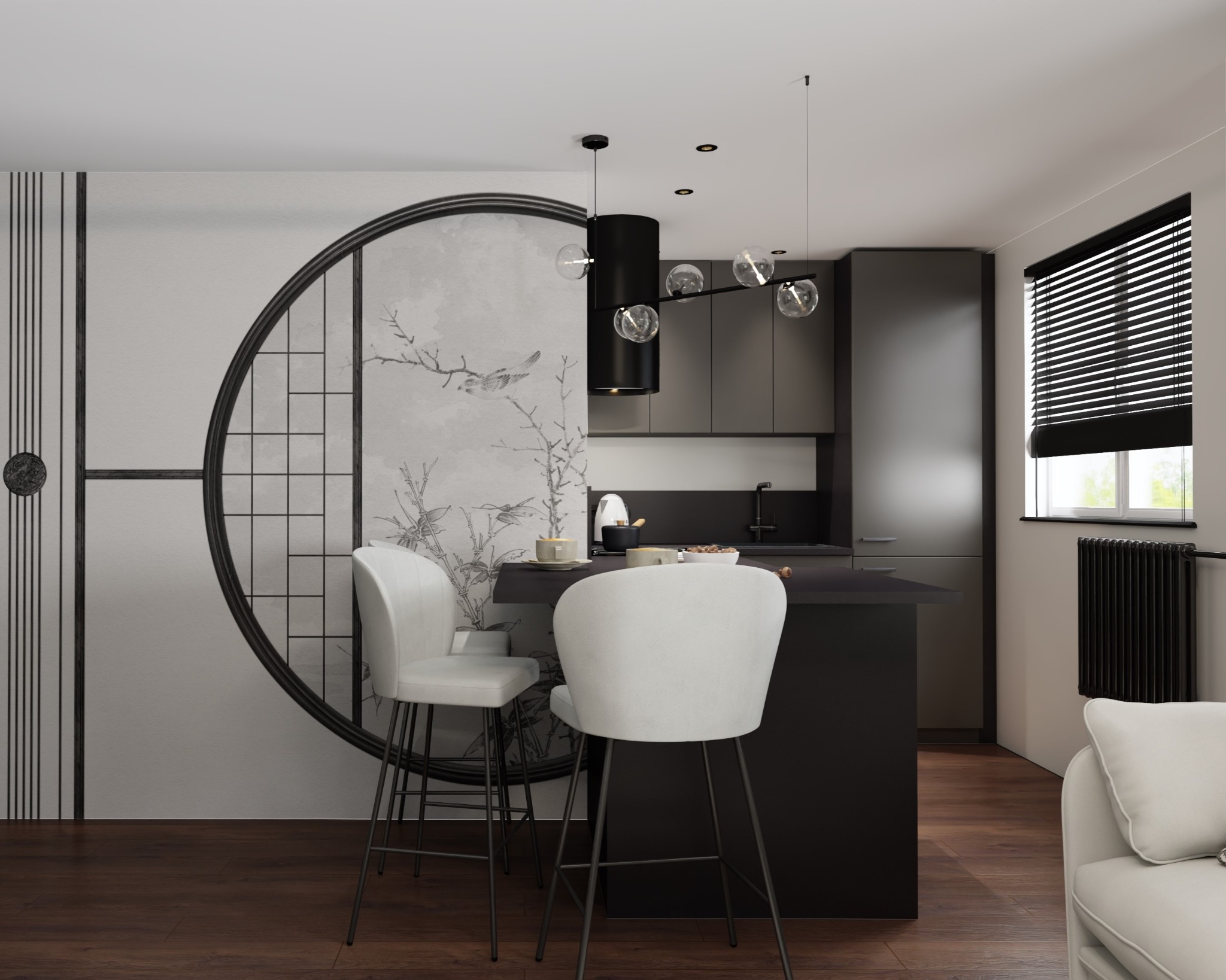 Nowoczesna kuchnia w stylu japońskim z czarnymi szafkami, wyspą i okrągłym motywem na ścianie, oświetlona lampą z kulistymi kloszami i białymi hokerami.