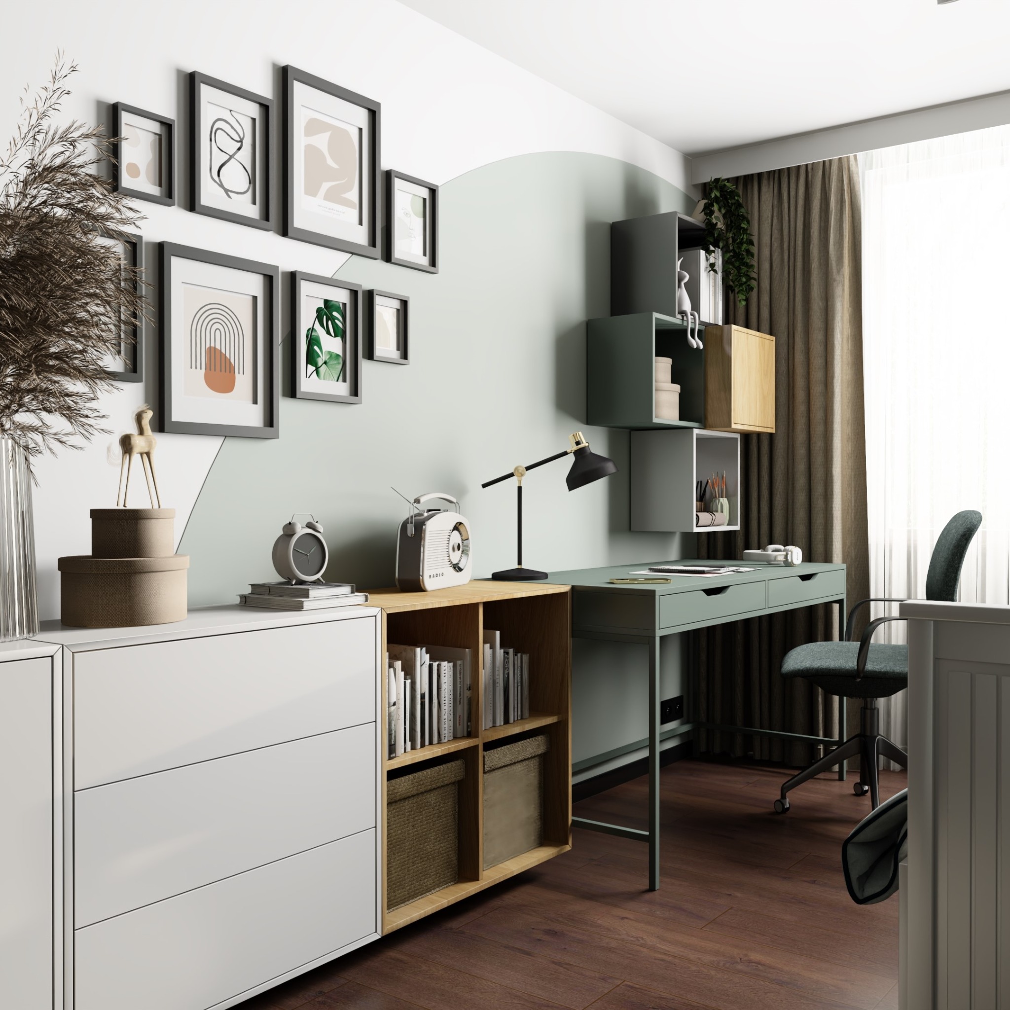 Nowoczesny pokój do pracy z biurkiem w kolorze pistacjowym, białymi meblami, półkami z książkami, dekoracjami na ścianie i drewnianą podłogą.