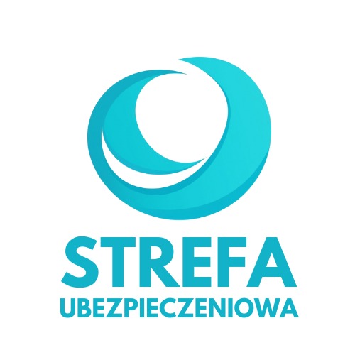 Logo firmy z nazwą 'STREFA UBEZPIECZENIOWA' pod stylizowanym, błękitnym symbolem koła z przerwą.