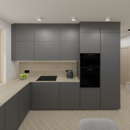 ML Interior - Wizualizacja szarej kuchni z drewnianym blatem, czarnym zlewem i widokiem na zieleń za oknem, minimalistyczne schody w tle.