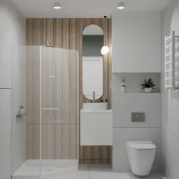 Nowoczesna łazienka z kabiną prysznicową typu walk-in, umywalką nablatową na szafce, owalnym lustrem z podświetleniem i drewnianą okładziną ścienną z lamelami.