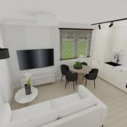 Wizualizacja jasnego wnętrza z aneksem kuchennym, okrągłym stołem z czarnymi krzesłami i białą sofą. Na ścianie lampa ścienna z czarnym abażurem.