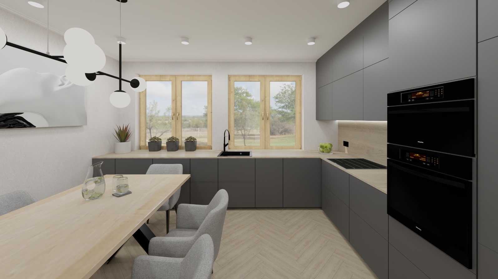 Wizualizacja nowoczesnej kuchni z szarymi szafkami, drewnianym blatem i stołem jadalnym z szarymi krzesłami. Na ścianie obraz w stylu abstrakcyjnym. Dwa okna z widokiem na zieleń. Oświetlenie...