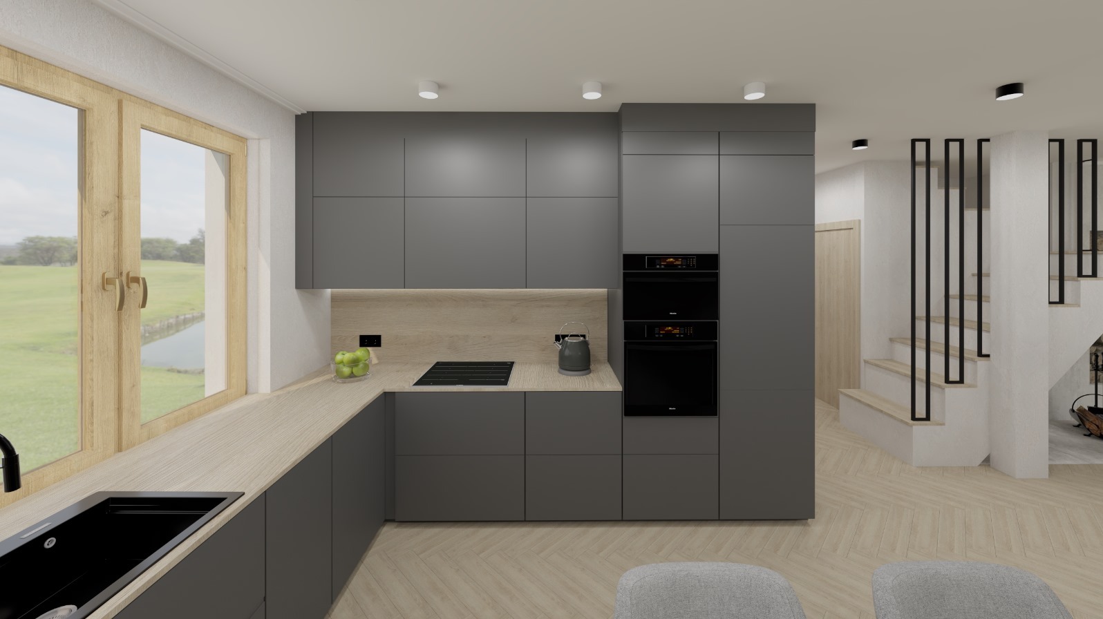 Wizualizacja szarej kuchni z drewnianym blatem, czarnym zlewem i widokiem na zieleń za oknem, minimalistyczne schody w tle.
