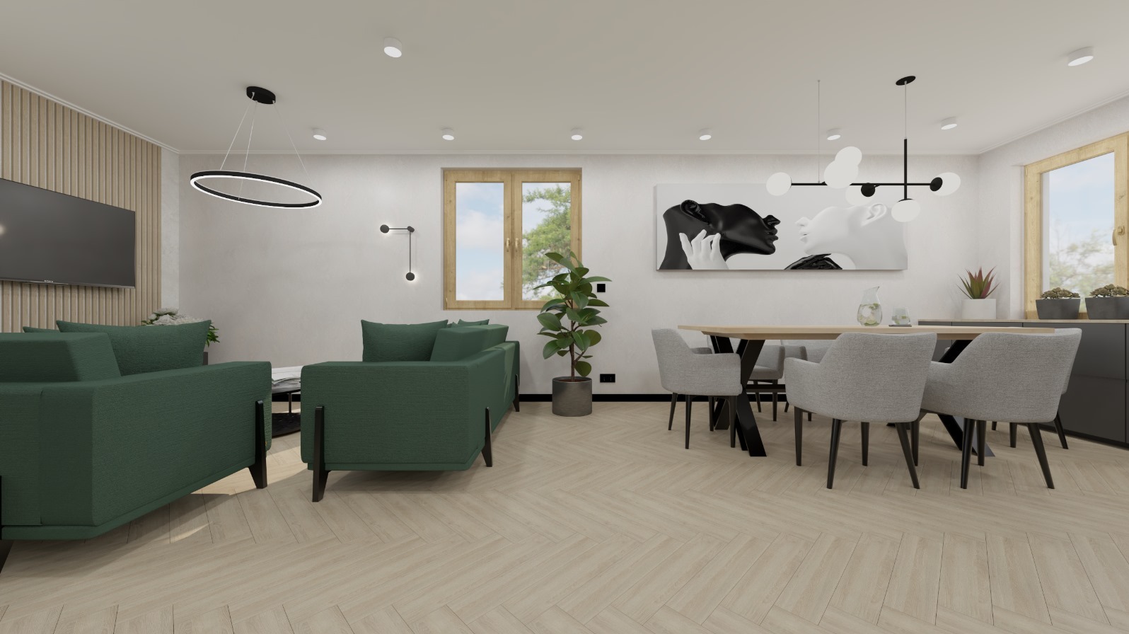 Wizualizacja przestronnego salonu z zielonymi sofami, stołem jadalnym i minimalistycznym oświetleniem, uzupełniona o drewniane panele ścienne i parkiet ułożony w jodełkę.