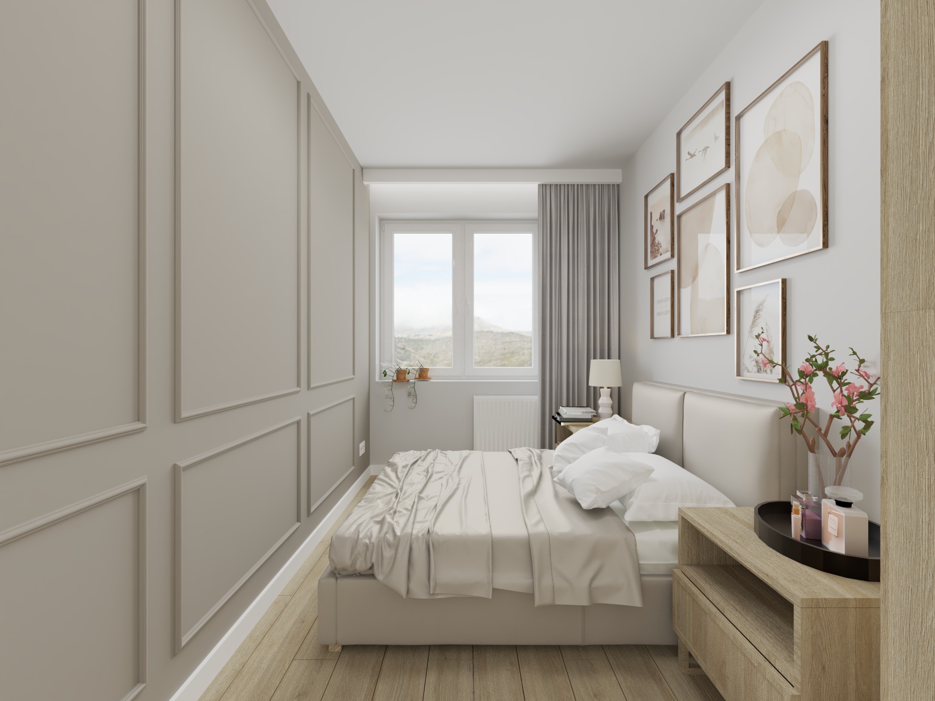 Jasna sypialnia z łóżkiem, stolikiem nocnym z dekoracjami, galerią obrazków na ścianie i oknem z widokiem na góry w tle.