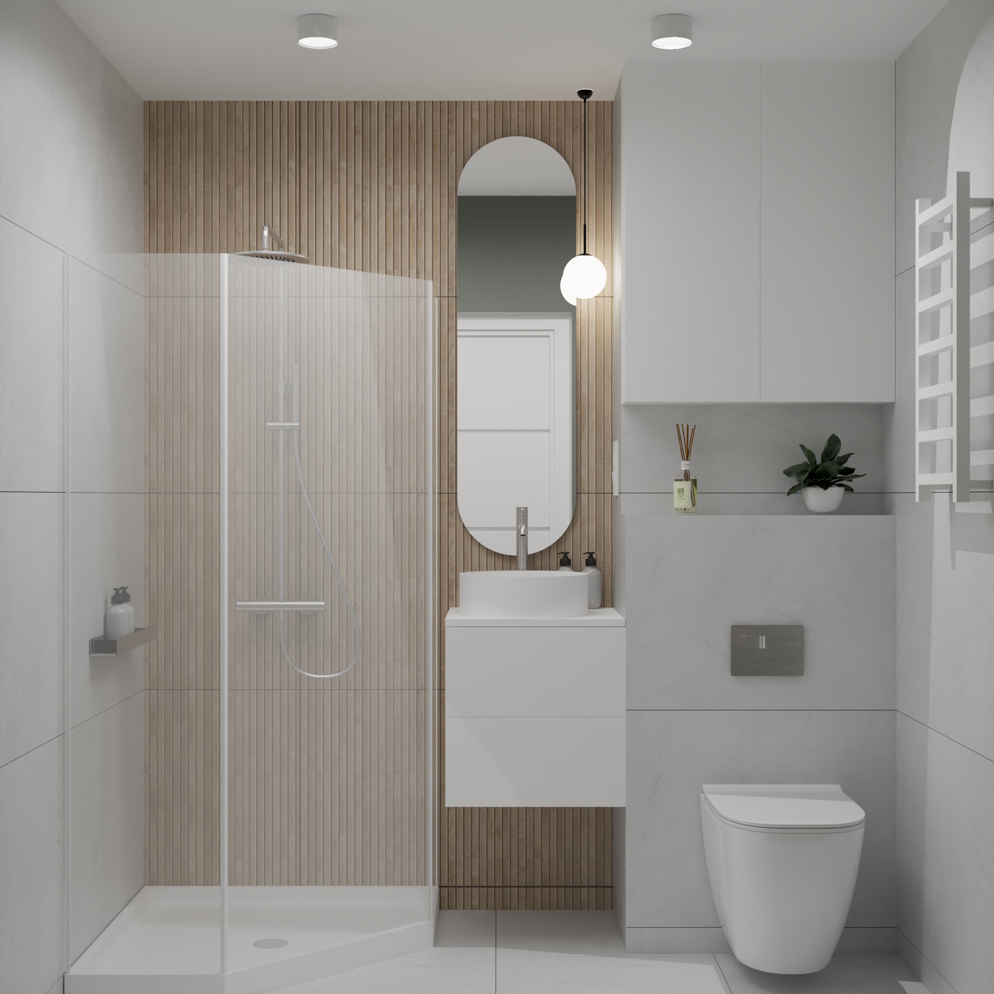 Nowoczesna łazienka z kabiną prysznicową typu walk-in, umywalką nablatową na szafce, owalnym lustrem z podświetleniem i drewnianą okładziną ścienną z lamelami.