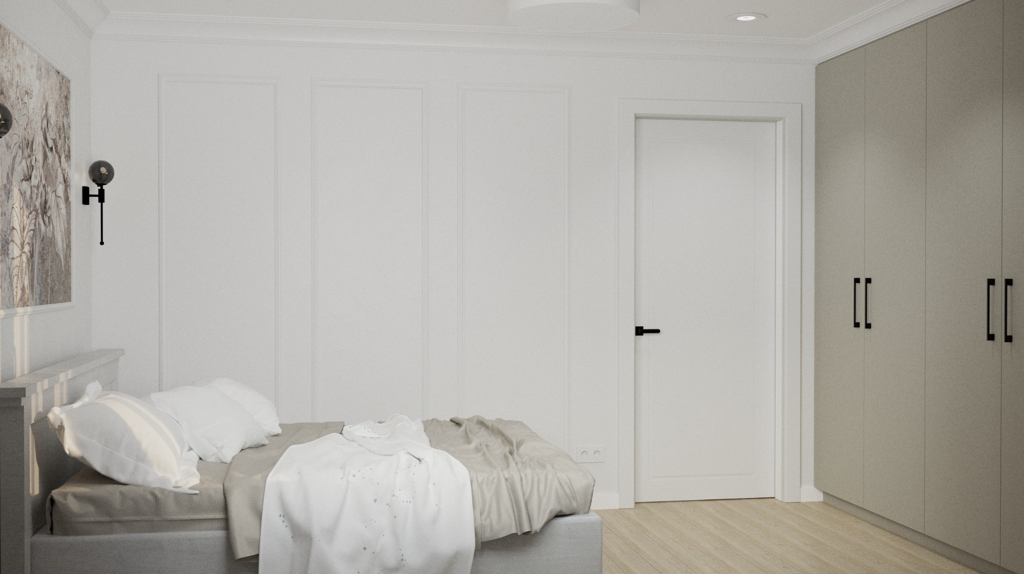 Minimalistyczna sypialnia z szarą pościelą, białymi ścianami z panelami dekoracyjnymi, czarnymi kinkietami i dużą szafą wbudowaną.