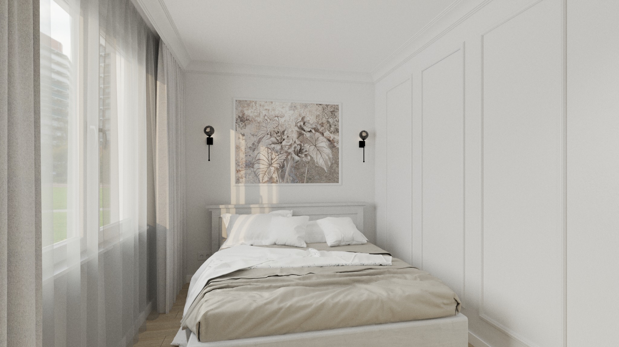 Jasna sypialnia w stylu minimalistycznym z białymi ścianami, łóżkiem z beżową pościelą, obrazem z motywem roślinnym i okrągłymi kinkietami.