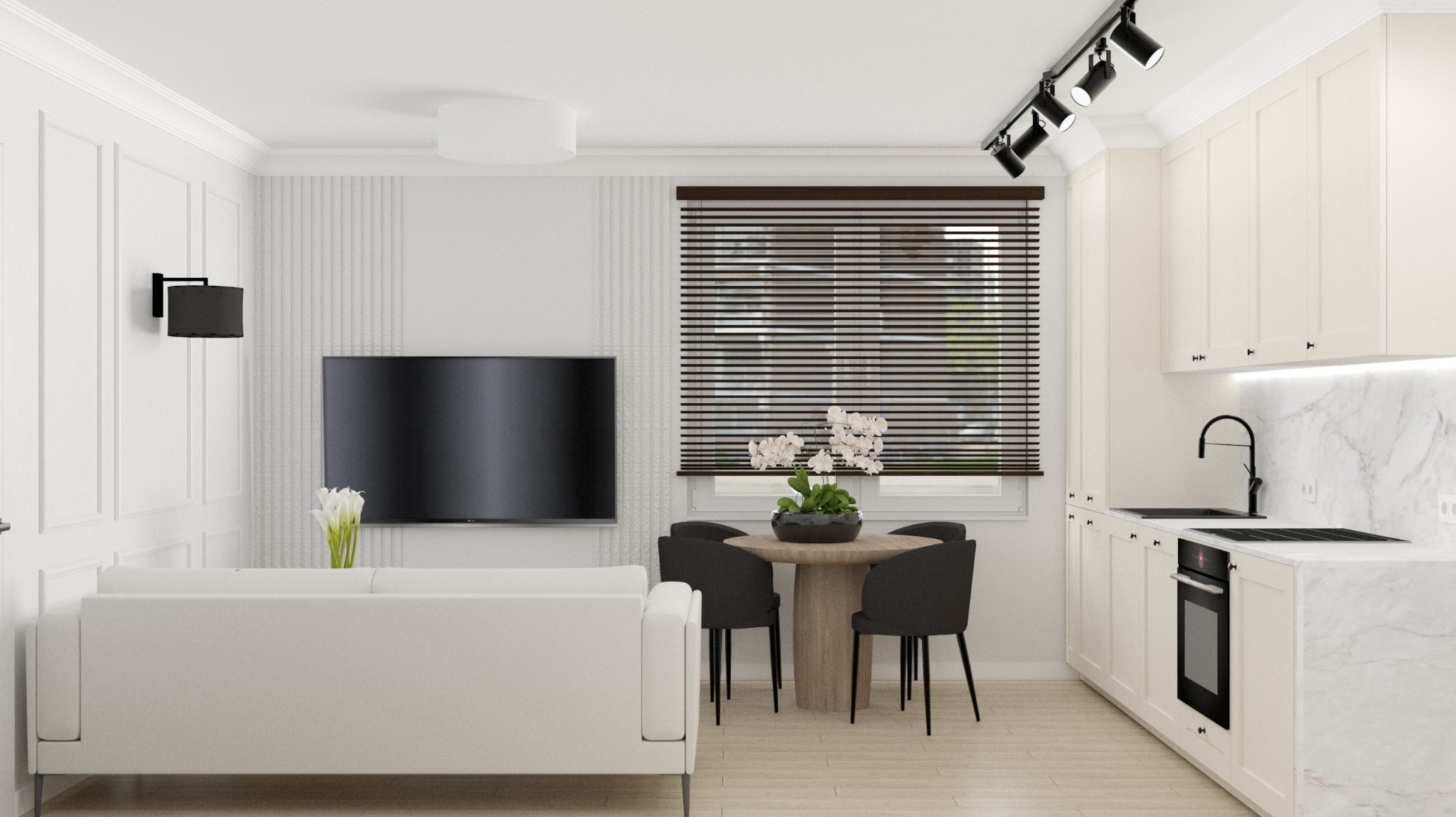 Jasne, nowoczesne wnętrze łączące salon z aneksem kuchennym: biała sofa, telewizor na ścianie z dekoracyjnymi panelami, okrągły stół z czterema krzesłami i kuchnia z białymi szafkami i marmurowym...