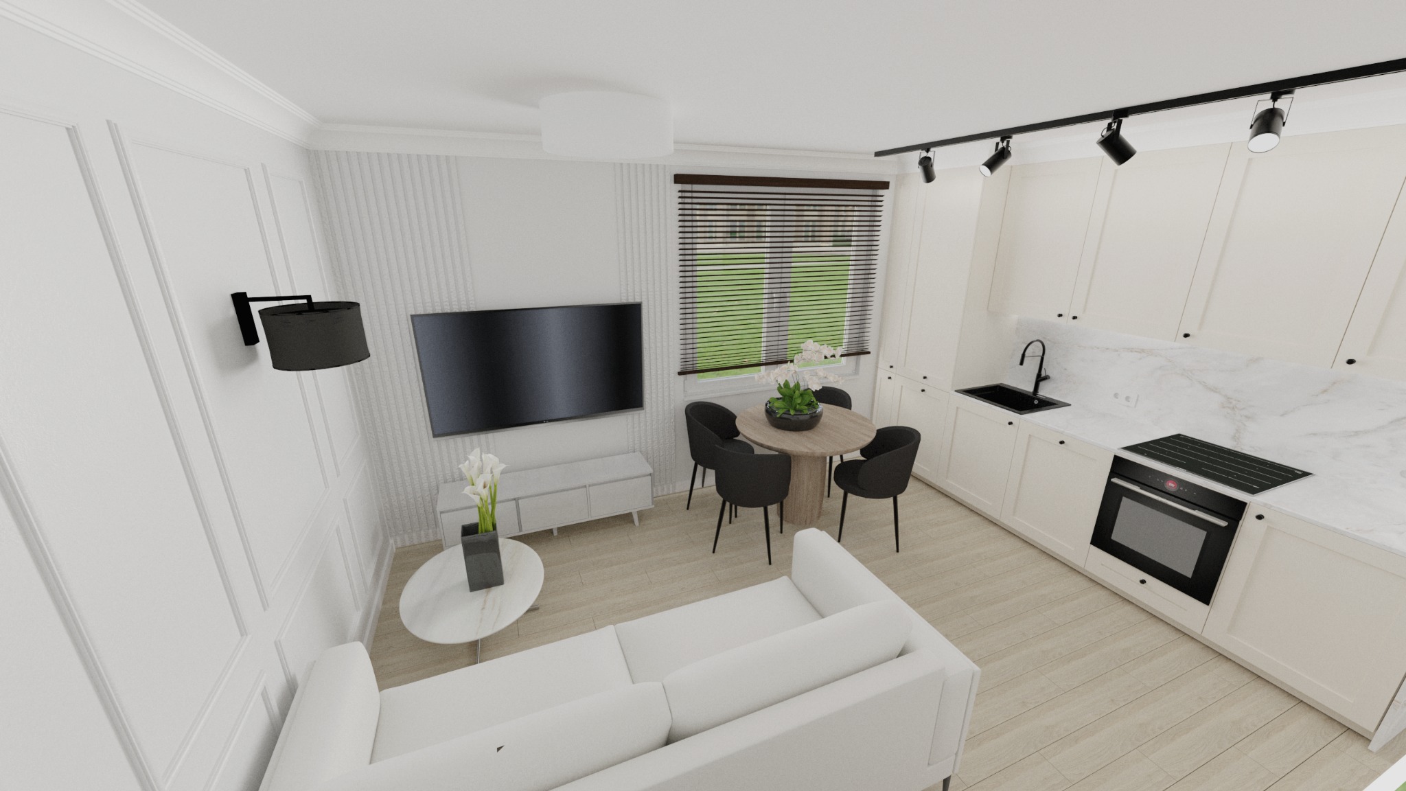 Wizualizacja jasnego wnętrza z aneksem kuchennym, okrągłym stołem z czarnymi krzesłami i białą sofą. Na ścianie lampa ścienna z czarnym abażurem.