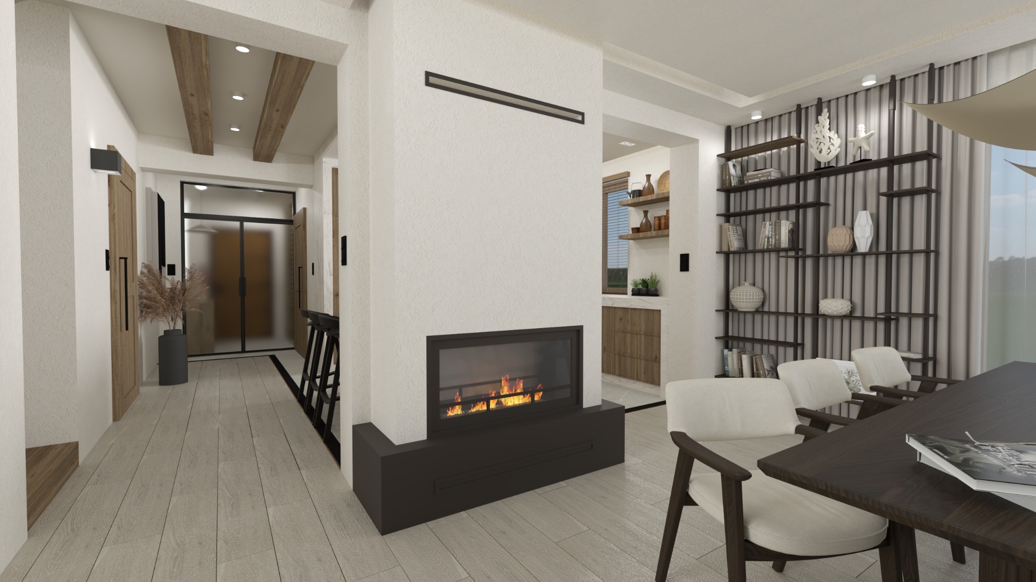 Wnętrze mieszkania z kominkiem w centralnej części, widok na korytarz z drewnianymi belkami sufitowymi i przeszklonymi drzwiami oraz regał z dekoracjami przy stole z krzesłami.