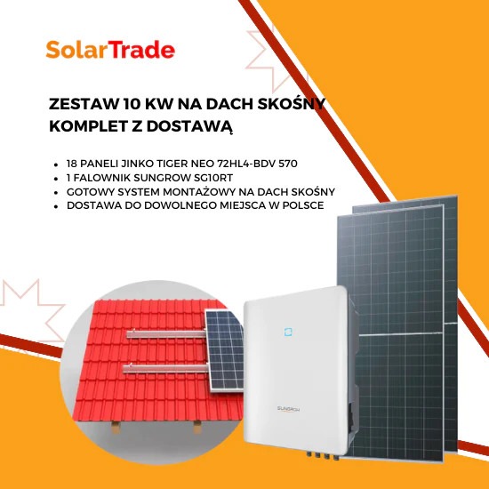 Zestaw fotowoltaiczny 10 kW na dach skośny z falownikiem Sungrow SG10RT i panelami Jinko Tiger Neo 72HL4-BDV 570, prezentowany na tle czerwonej dachówki i dwóch paneli fotowoltaicznych.