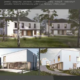 Projekt nowoczesnych domów szeregowych z białej cegły, prezentacja realizacji z logo firmy Fuko Design