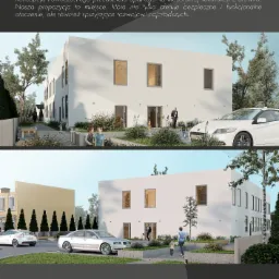 Wizualizacja architektoniczna nowoczesnego przedszkola z modułową konstrukcją drewnianą, z białymi elewacjami, dużymi oknami, otoczonego zielenią i zaparkowanymi samochodami.