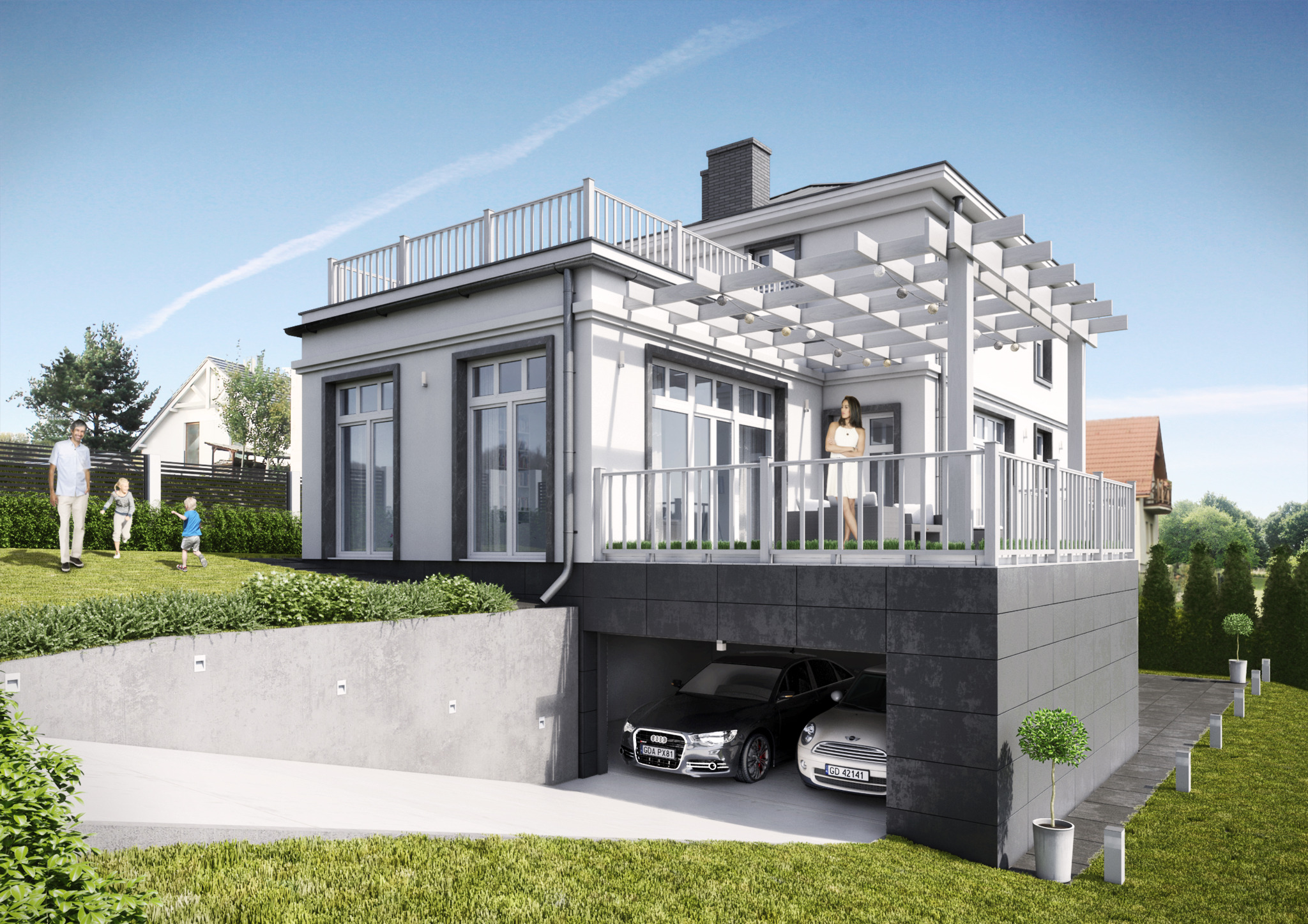 Wizualizacja nowoczesnego domu z garażem podziemnym, tarasem na dachu i pergolą, z zaparkowanymi dwoma samochodami i rodziną na trawniku.