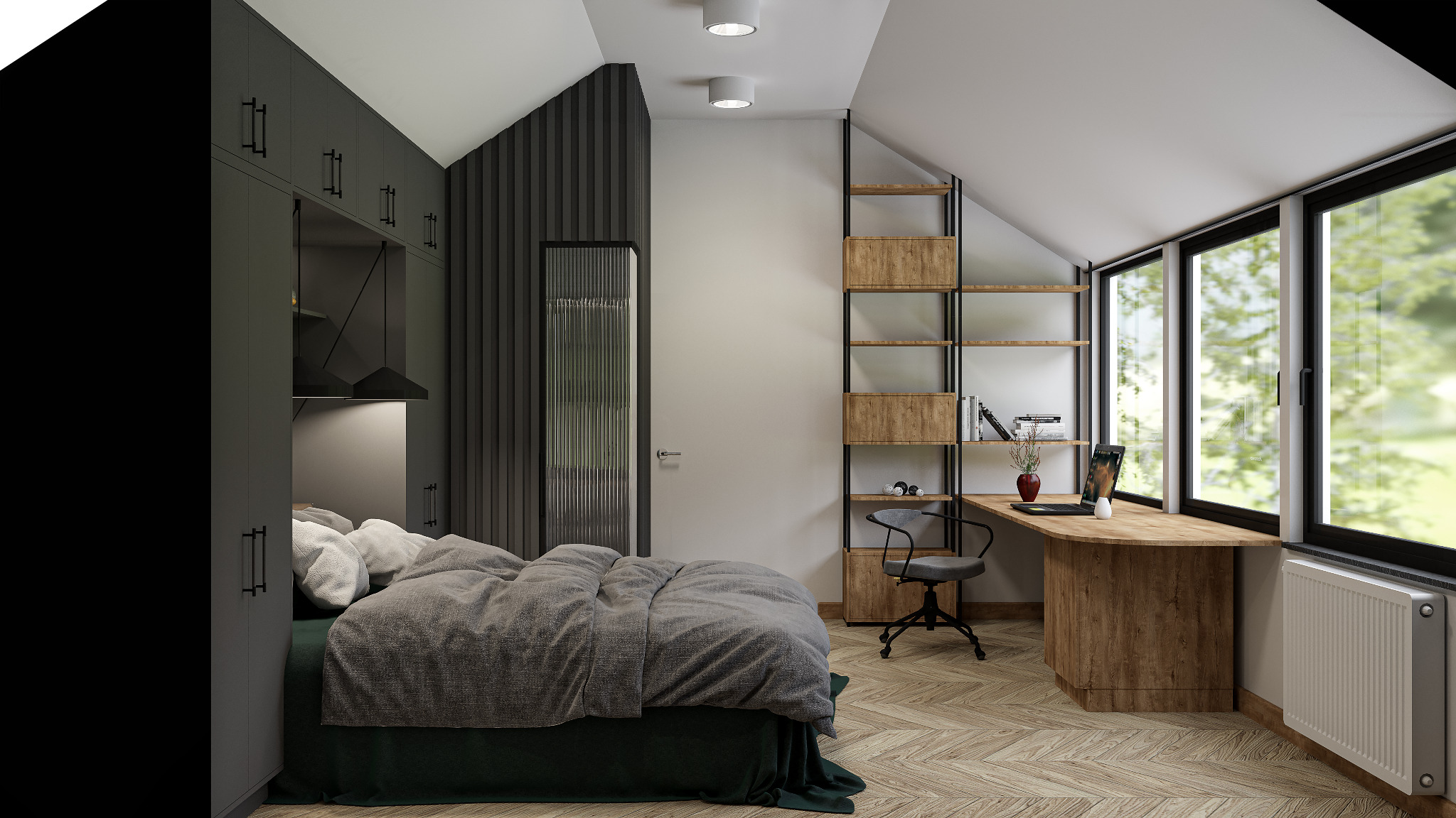 Nowoczesna sypialnia na poddaszu z biurkiem przy oknie, drewnianymi półkami i szarą pościelą.