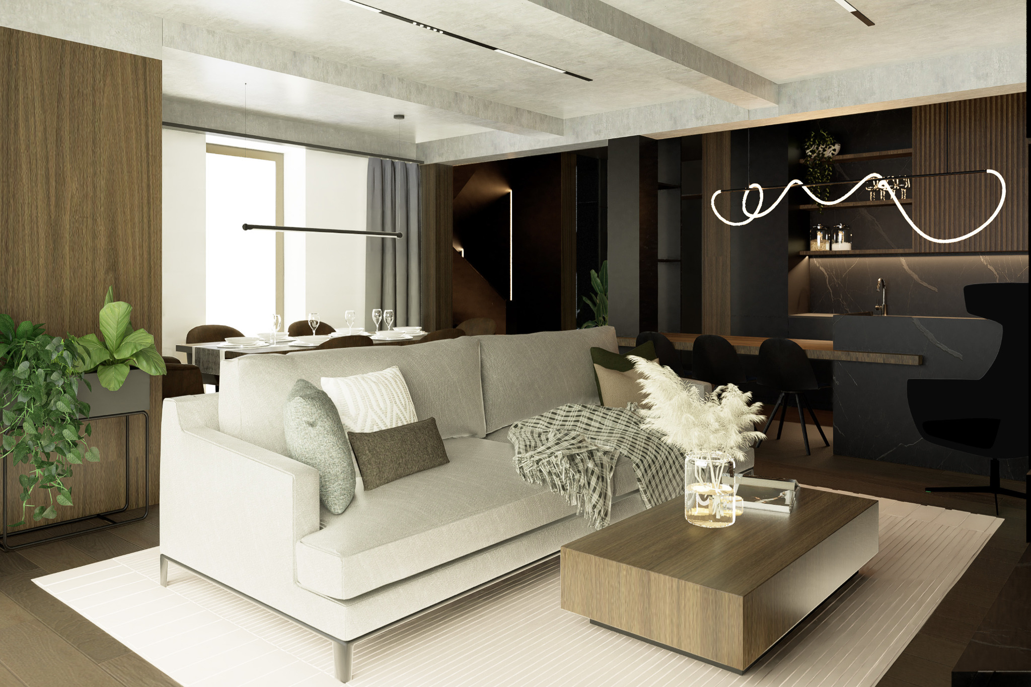 Nowoczesne wnętrze salonu z szarą sofą, drewnianym stolikiem kawowym i roślinami doniczkowymi, widok na jadalnię i czarną kuchnię z designerskim oświetleniem.