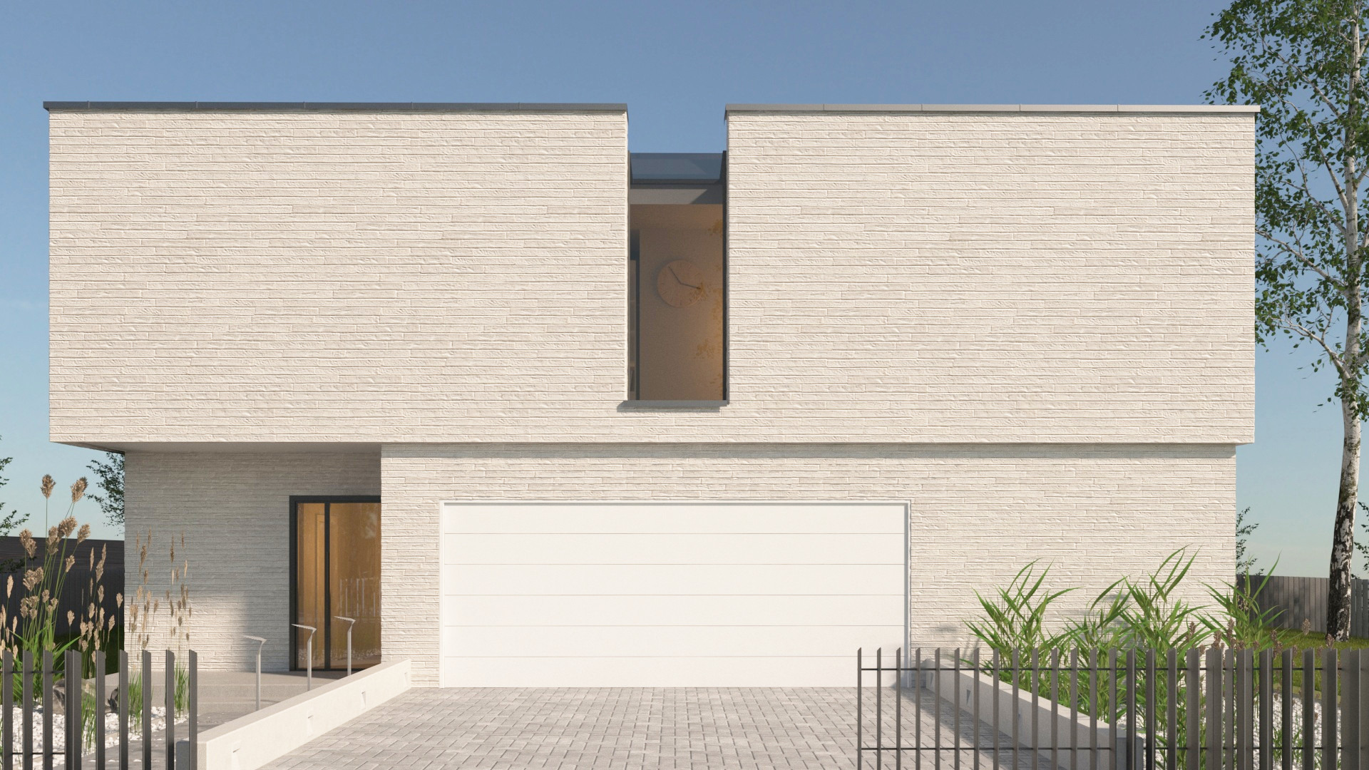 Elewacja nowoczesnego domu z jasnej cegły z garażem i wysokim oknem z widocznym zegarem wewnątrz.
