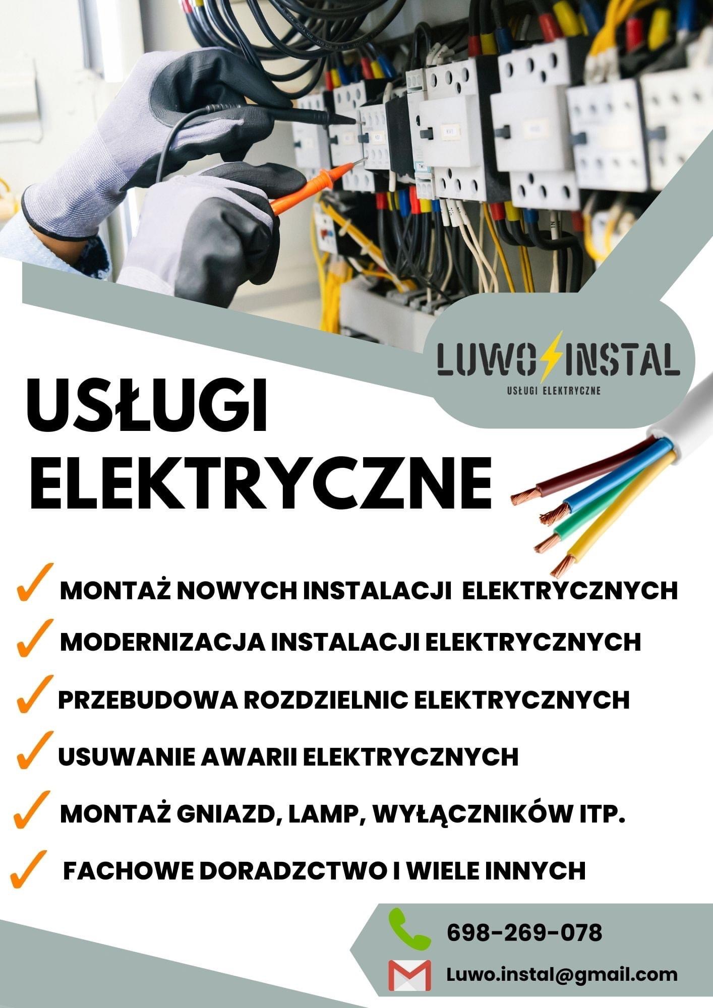 Elektryk w rękawicach ochronnych mierzy napięcie w rozdzielnicy elektrycznej za pomocą pomarańczowego miernika, na tle reklama usług elektrycznych z logo LUWO INSTAL.