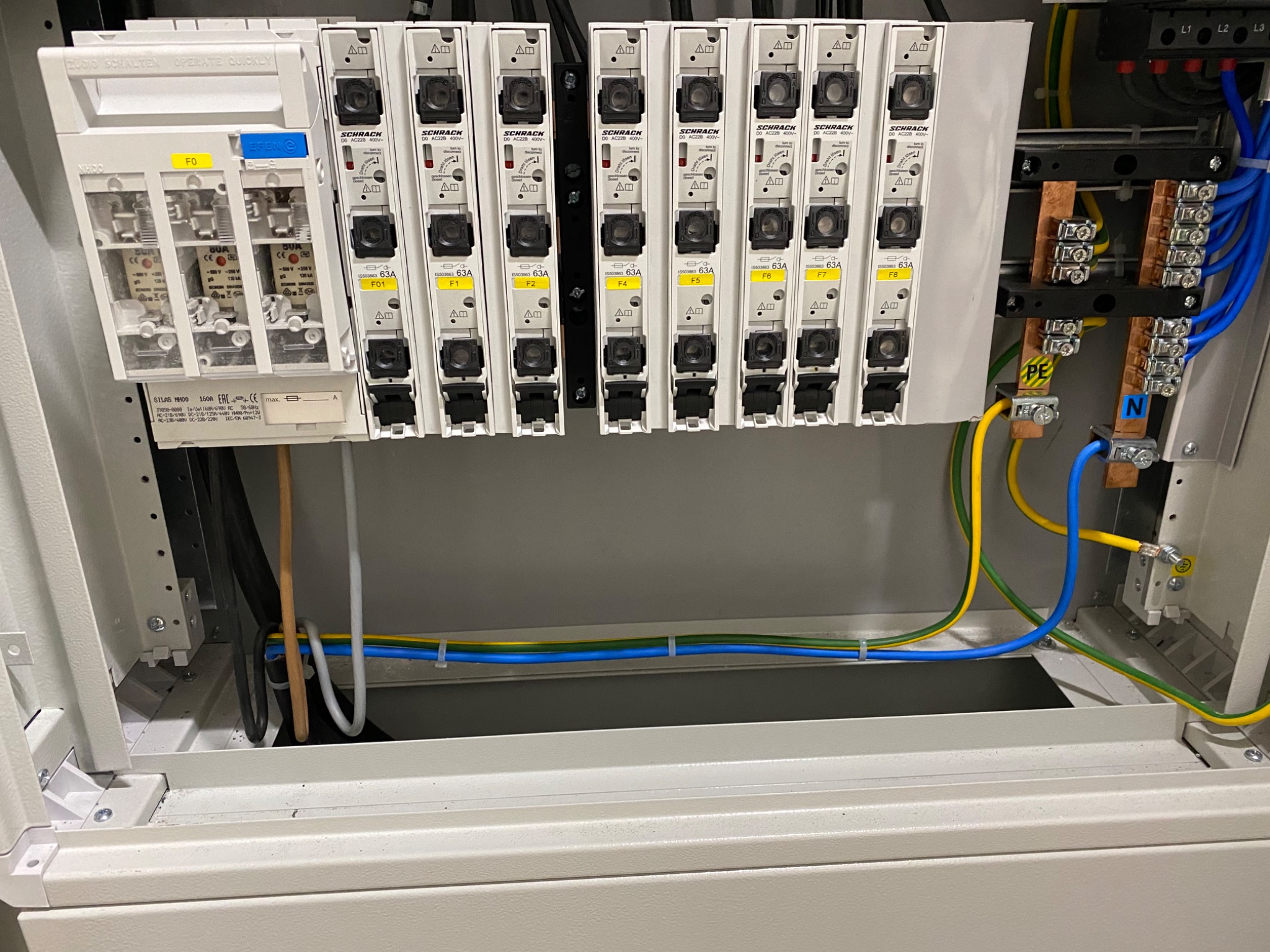 Rozdzielnica elektryczna z bezpiecznikami Schrack, widoczne przewody zasilające i uziemiające, listwy zaciskowe.