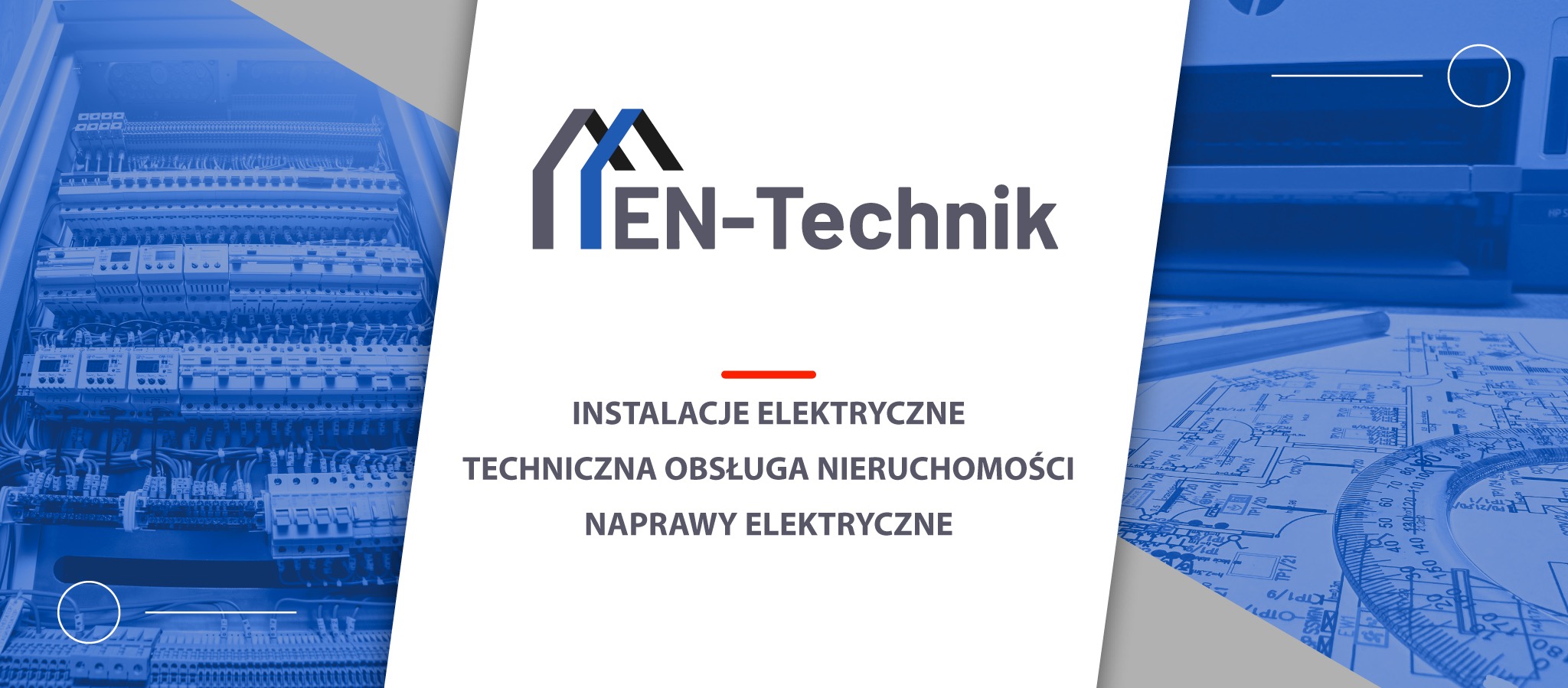 Schemat rozdzielnicy elektrycznej, logo firmy EN-Technik, plan instalacji elektrycznej z ołówkiem i kątomierzem.