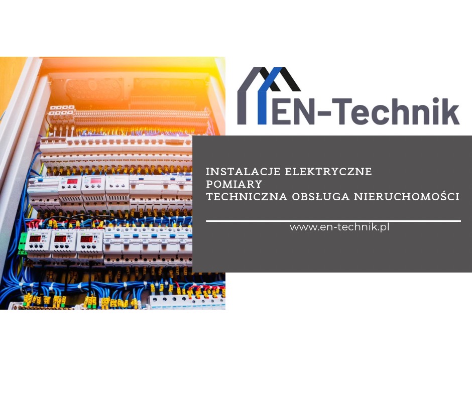 Otwarta szafa elektryczna z widocznymi bezpiecznikami, przewodami i elementami sterującymi, obok logo firmy EN-Technik i informacjami o świadczonych usługach.