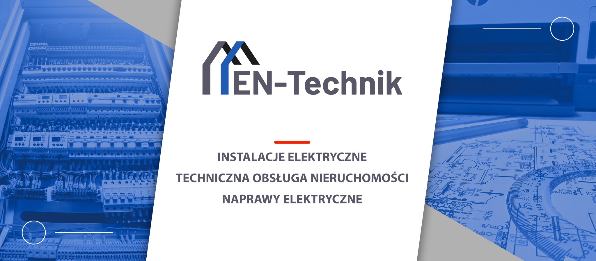 Zdjęcie prezentuje logo firmy EN-Technik na tle rozdzielnicy elektrycznej i planu instalacji z naniesionymi oznaczeniami technicznymi oraz przyborami kreślarskimi.