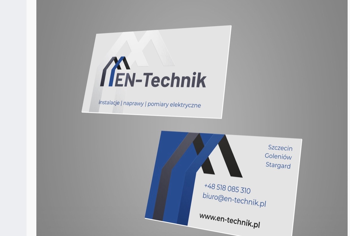 Dwie wizytówki firmy EN-Technik ze Szczecina, oferującej instalacje, naprawy i pomiary elektryczne, z numerem telefonu i adresem strony internetowej na szarym tle.
