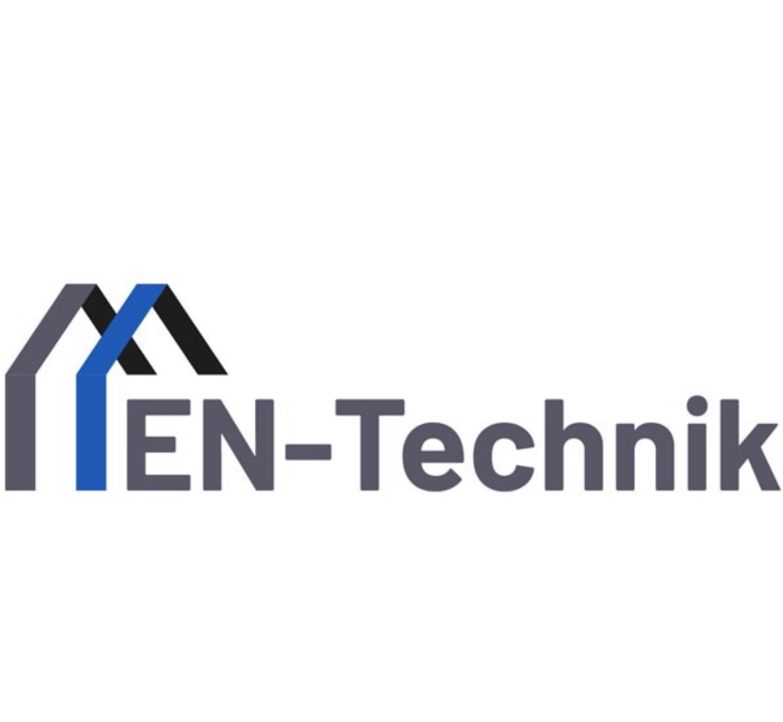 Logo firmy EN-Technik z elementami graficznymi w kolorach szarym, niebieskim i czarnym na białym tle.