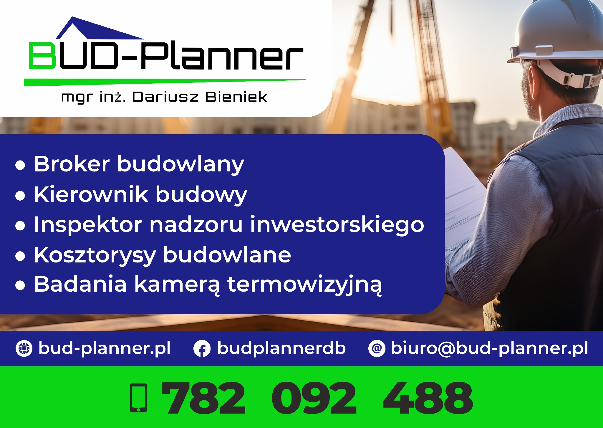 Reklama firmy budowlanej Bud-Planner z inżynierem w kasku, trzymającym plany na tle budowy z dźwigiem.