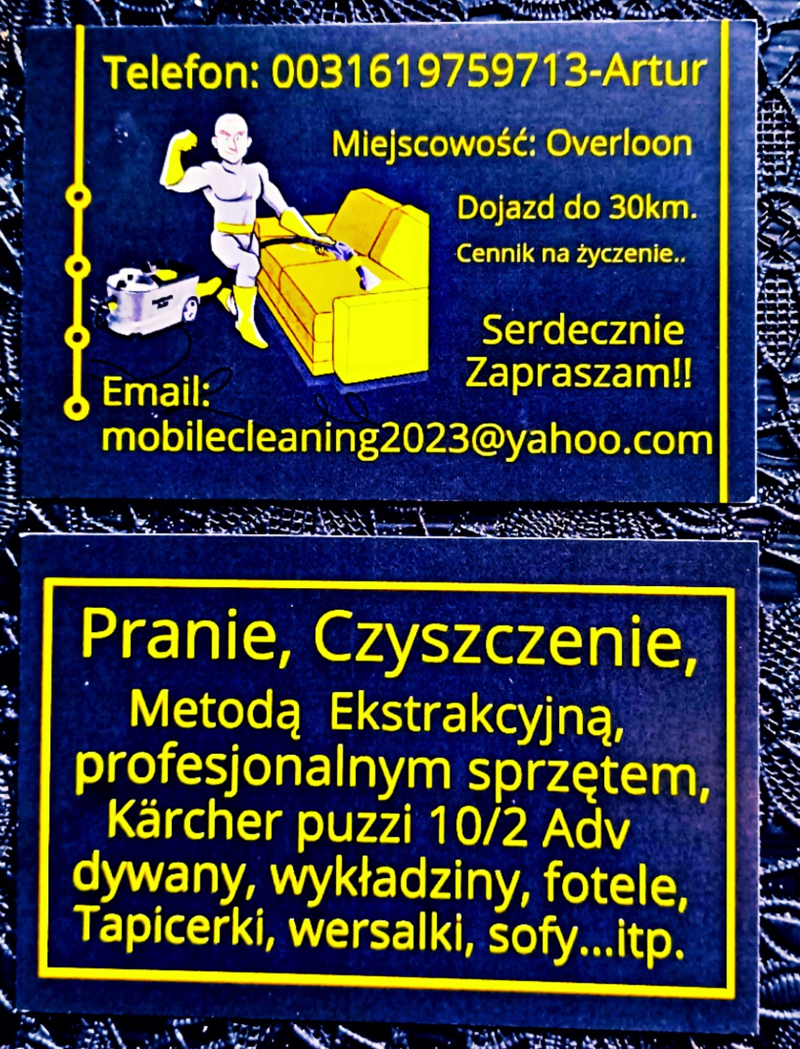 Wizytówka firmy sprzątającej z Overloon, oferującej pranie tapicerki metodą ekstrakcyjną, z użyciem sprzętu Kärcher Puzzi 10/2 Adv, obejmującego dywany, wykładziny, fotele, wersalki i sofy,...