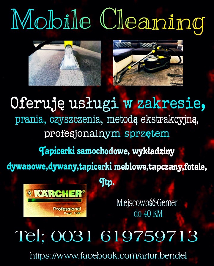 Plakat reklamowy usług mobilnego czyszczenia tapicerek i dywanów z użyciem sprzętu Karcher, z numerem telefonu i adresem Facebook, oferta skierowana do miejscowości Gemert i okolic Overloon.