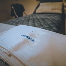 Bakasana Julia Jakubowicz - Stos białych ręczników z wyhaftowanym logo 'bakasana szkoła jogi' leży na stole w tle łóżko i drabina.